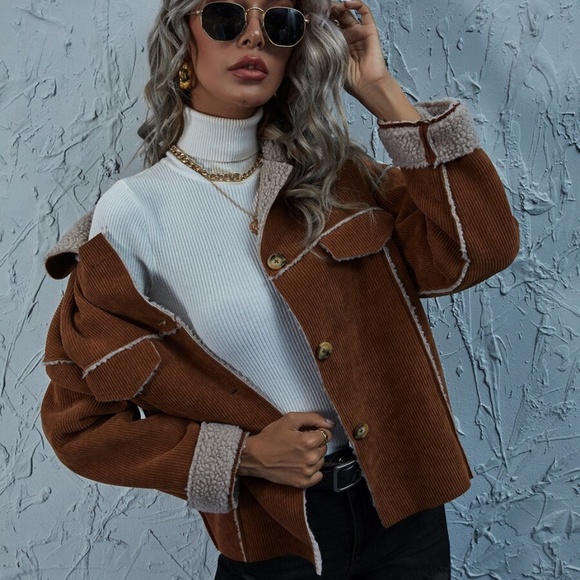 Corduroy button up teddy lined jacket coat rust - Picture 3 of 6